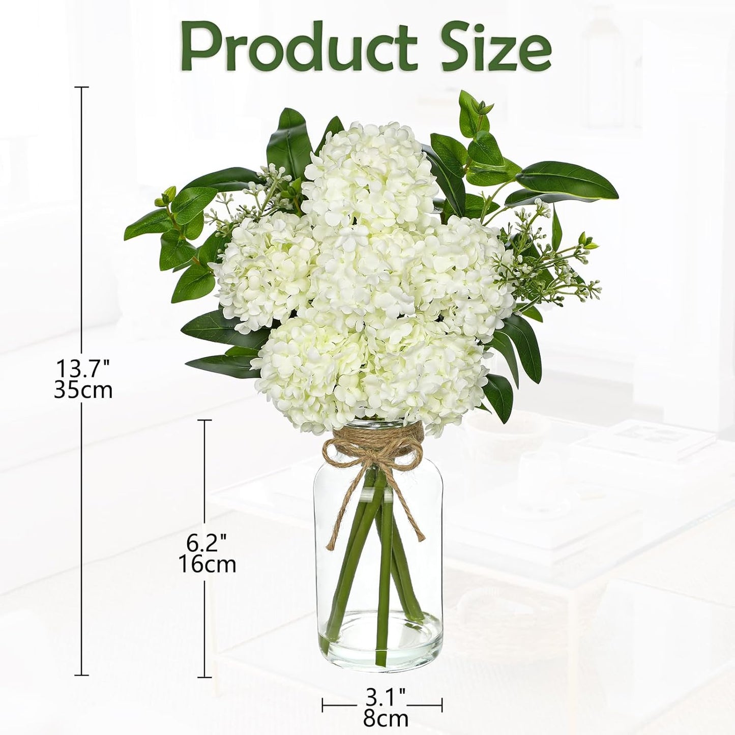 Hollyone White Hydrangea Artificial Flowers in Clear Glass Vase with Faux Water Silk Hydrangeas Fake Flowers Floral Arrangement for Home Bathroom Kitchen Office Table Centerpiece Shelf Decorations
