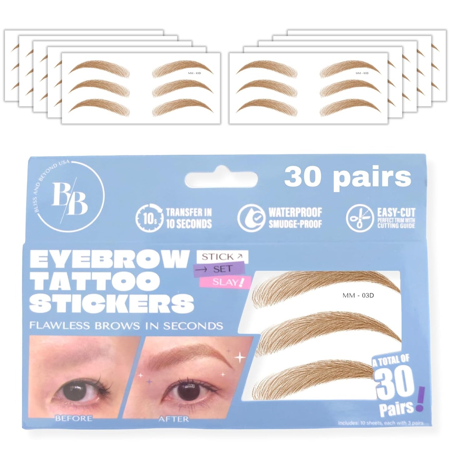 Bliss and Beyond USA Eyebrow Tattoo Stickers Waterproof – 30-Pair Deluxe Box | Realistic Hair-Like Temporary Brows for Alopecia, Cancer, and Hair Loss (Light Brown, Dramatic Miami)