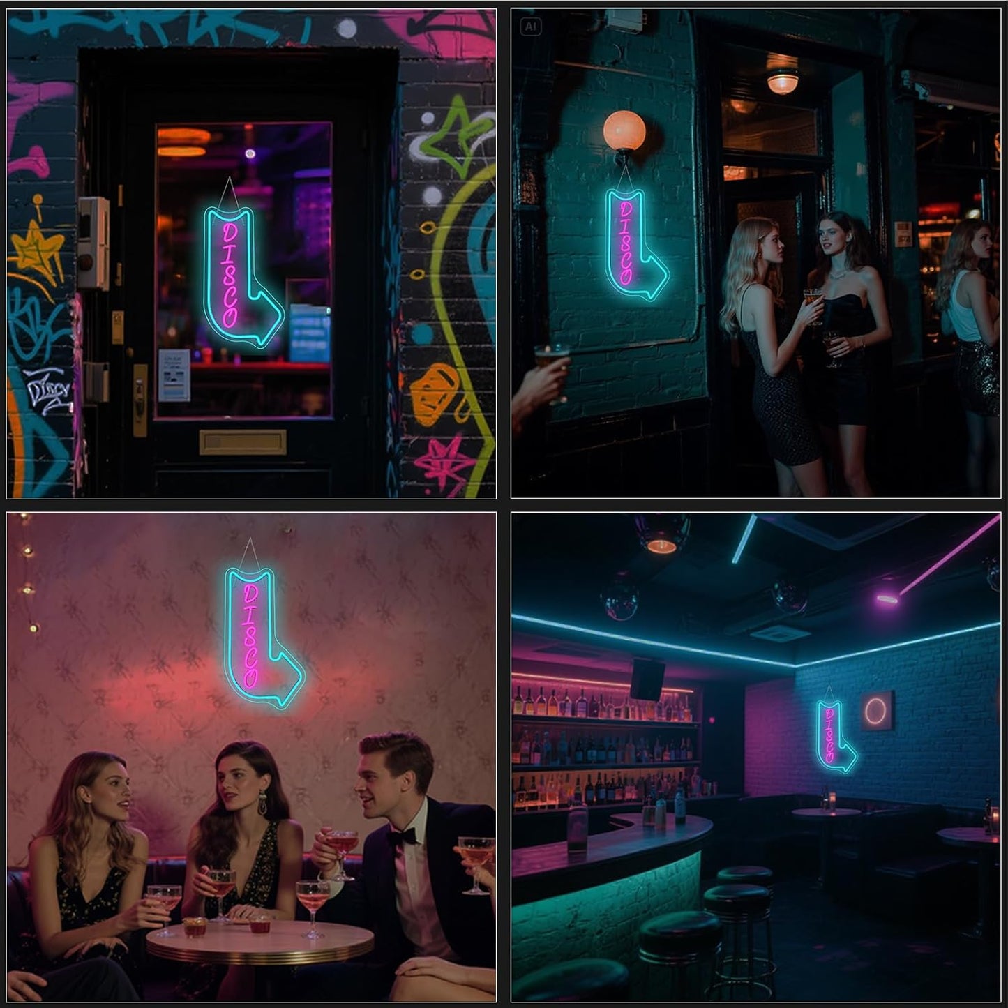 Looklight Disco Neon Signs for Wall Decor Pink Blue LED Word Light Sign Right-Pointing Arrow Neon Light USB Light Up Letters Sign for Disco Lover Music Bar Music Studio Rec Room Bedroom Party Decor