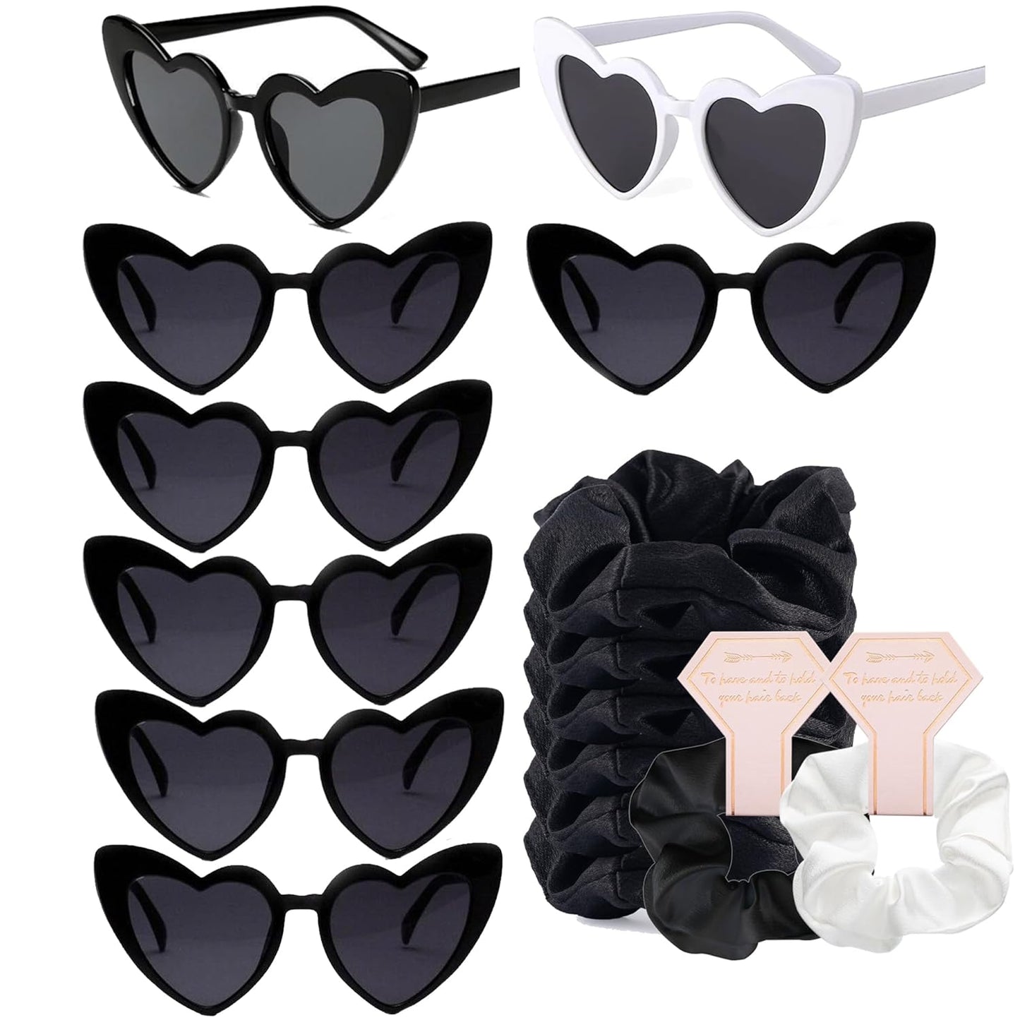 1+7 Pack Bachelorette Party Favor Retro Heart Sunglasses and Bridesmaid Scrunchies Set (Black)