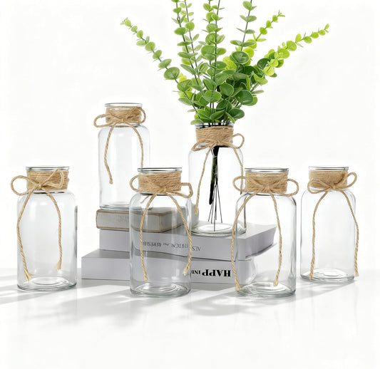 Set of 6 Vintage Glass Vases for Flowers Farmhouse Clear Glass Vases for Centerpieces Small Flower Vases with Twine Ties for Wedding, Parties & Home Decor