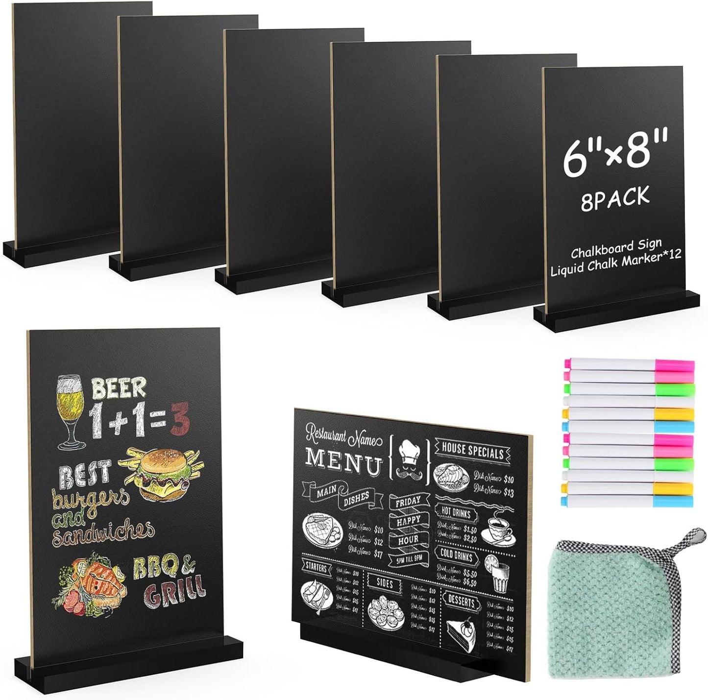 EHWINE Mini Chalkboard Easel Sign Set,8 Pack 6x8 Inch Wooden Boards with Acrylic Base and Liquid Chalk Markers, Reusable Double Sided Tabletop Display for Wedding, Restaurant, Party, Coffee Shop Decor