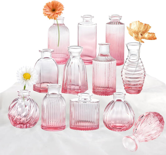 Pink Vase, Glass Bud Vases Set of 12, Small Pink Glass Vases for Flowers Colored Ribbed Flower Vase for Decor Bud Vase in Bulk Vintage Decor Bridal Shower Wedding Centerpieces Home Table Decoration