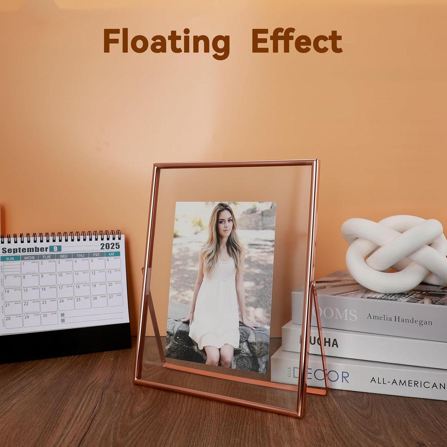 Rose Gold Floating Frame, 8"x10", Vertical, For Picture 7x9, 6x8, 5x7, Tabletop Shelf Photo Frame For Lady or Girl, Classy Gift For Anniversary, Wedding, or Birthday