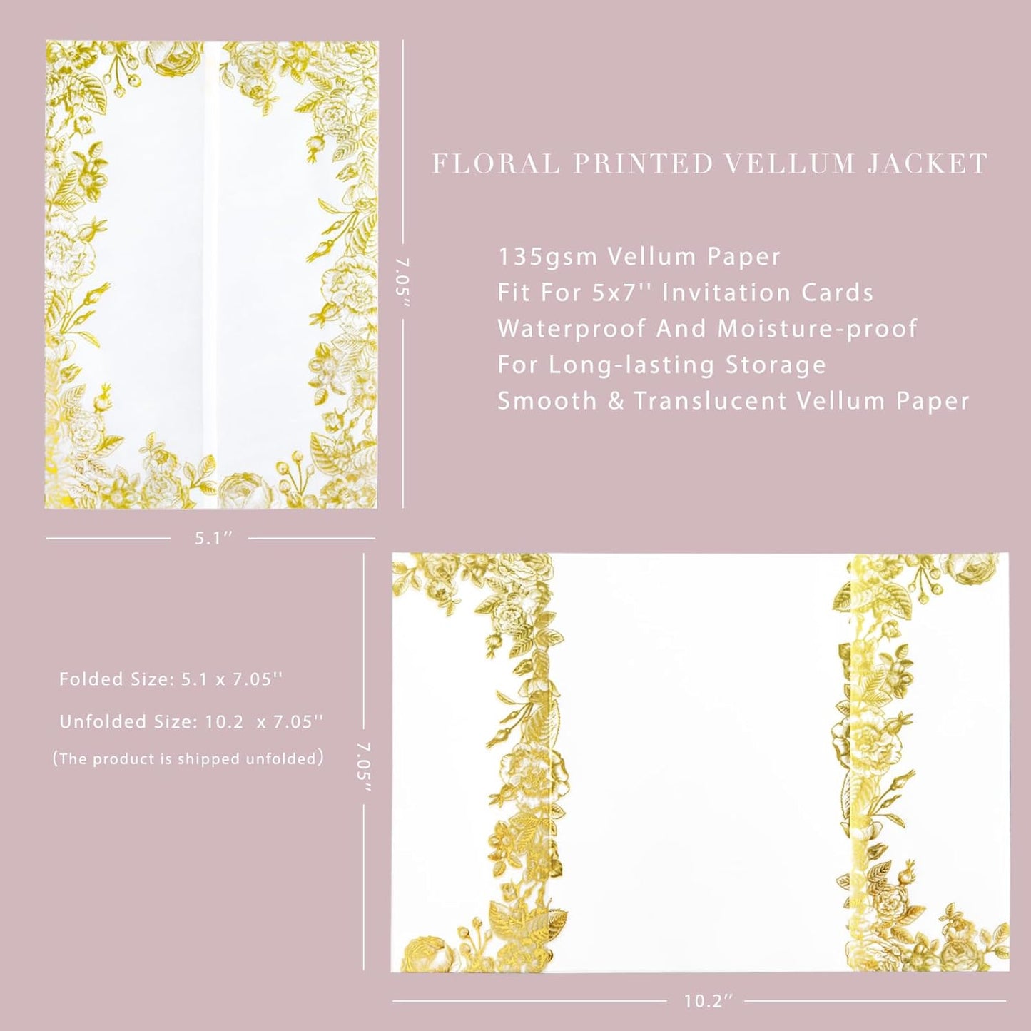 PONATIA 50 PCS Vellum Jackets for 5x7 Wedding Invitation Cards- 135gsm Floral Printed Vellum Sleeves, Invitation Cards Wraps (Champagne Gold Foil)