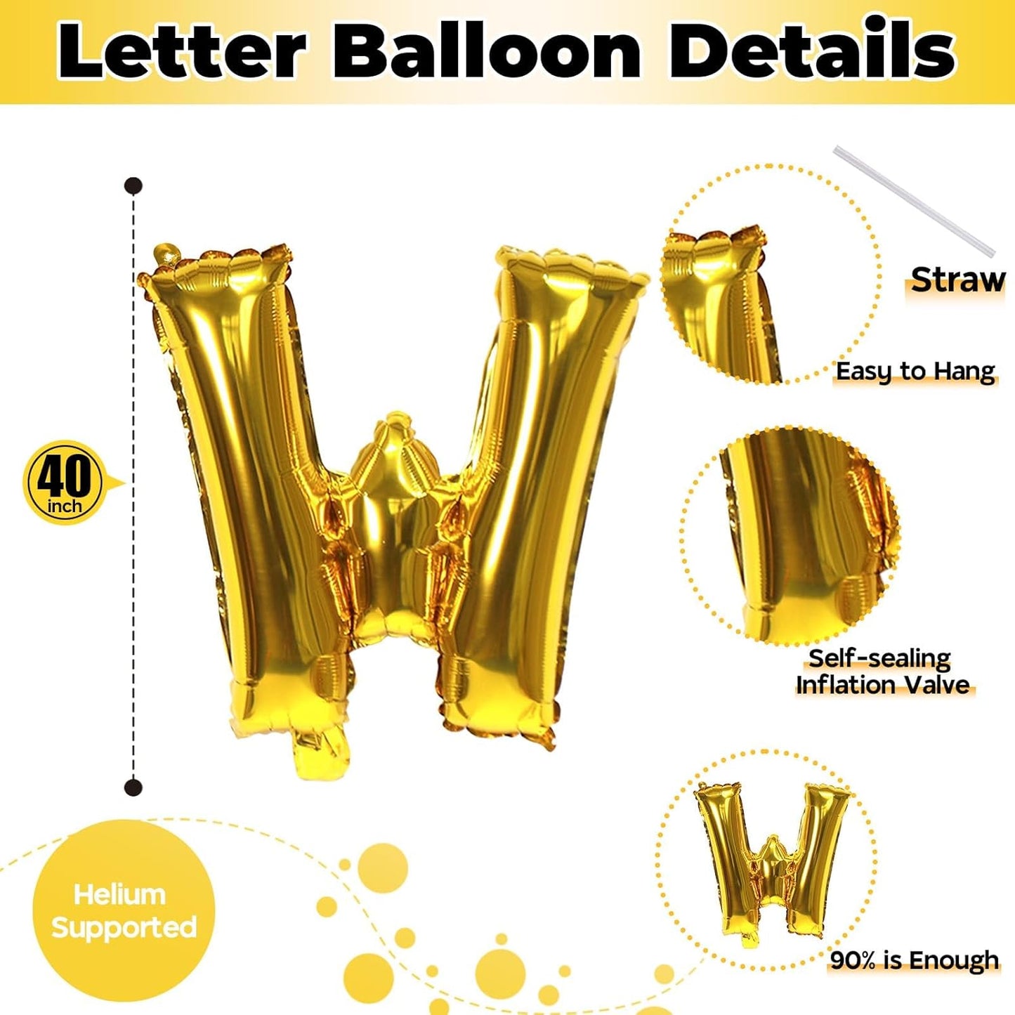 40 Inch Giant Alphabet W Customize Balloons, Large Self Inflating Gold Letter for Name Decor, Helium Custom Foil for Women Birthday Party Decoration Supplies