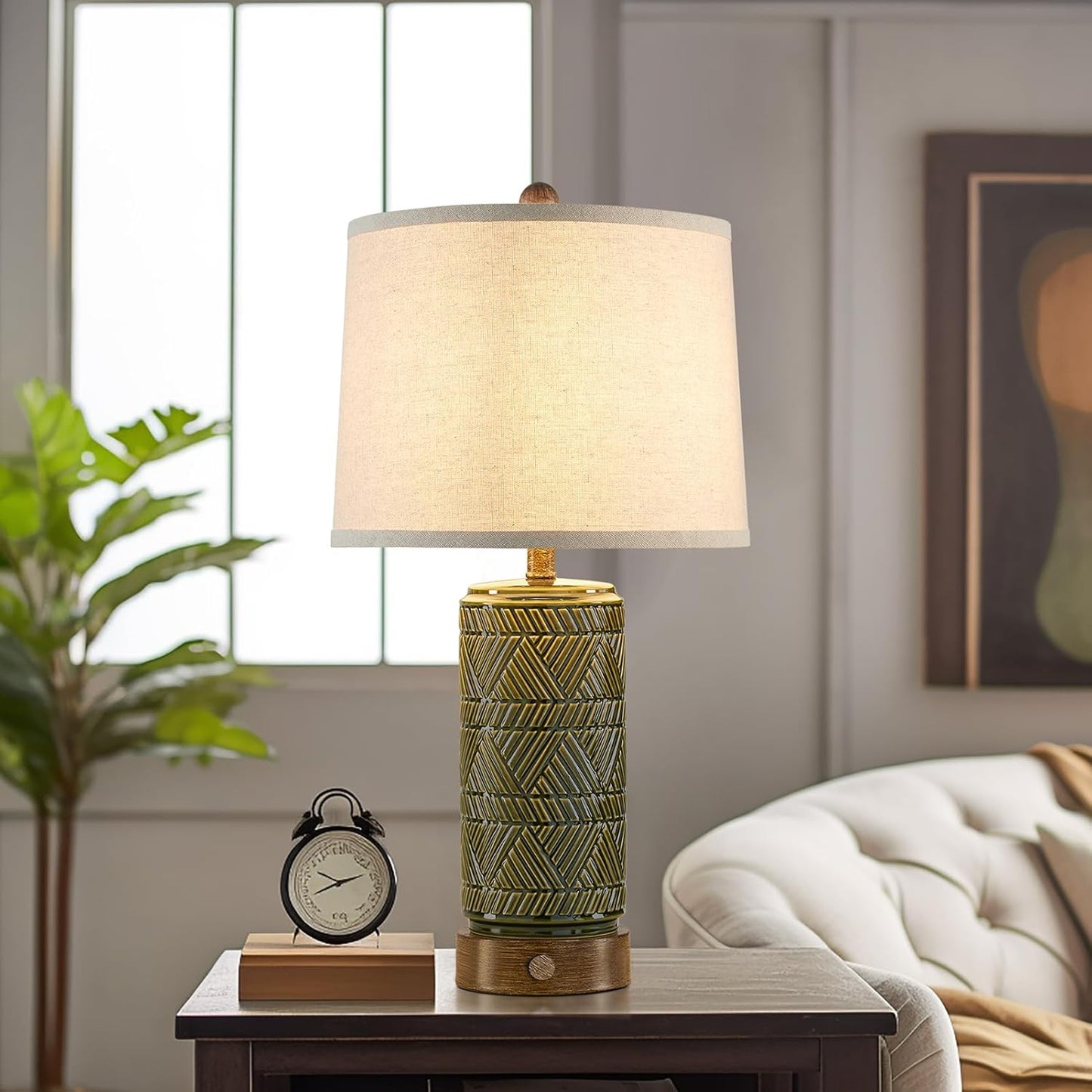 RORIA Set of 2 Retro Touch Table Lamps for Living Room Bedroom, 3 Way Dimmable Nightstand Lamp with 2 USB Port, Farmhouse Rustic Ceramic Desk Lamps for End Table Bedside, LED Bulbs Included