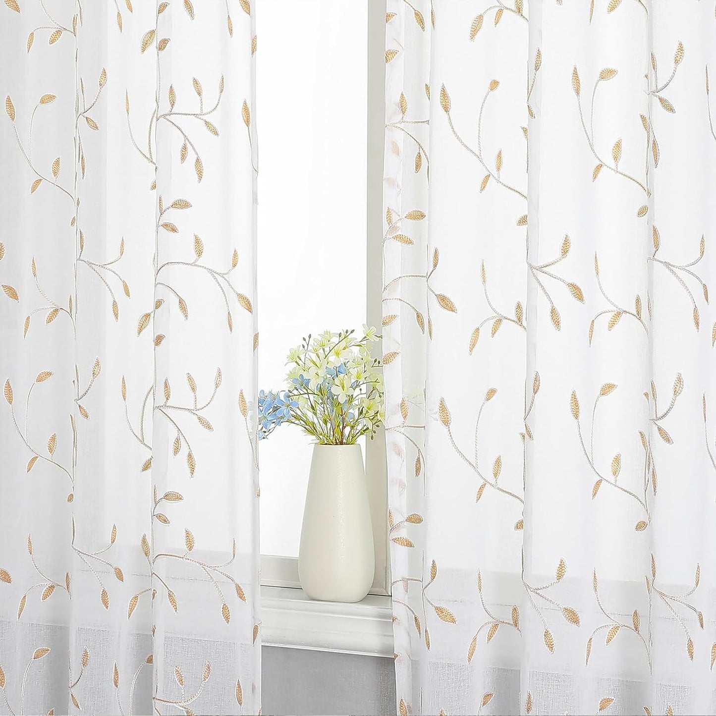 VISIONTEX White Sheer Voile Curtains, Decorative Orange Leaves Embroidery Faux Linen Rod Pocket Window Drapes for Home Kitchen, Living Room and Bedroom 54 x 95 Inch, Set of 2 Curtain Panels