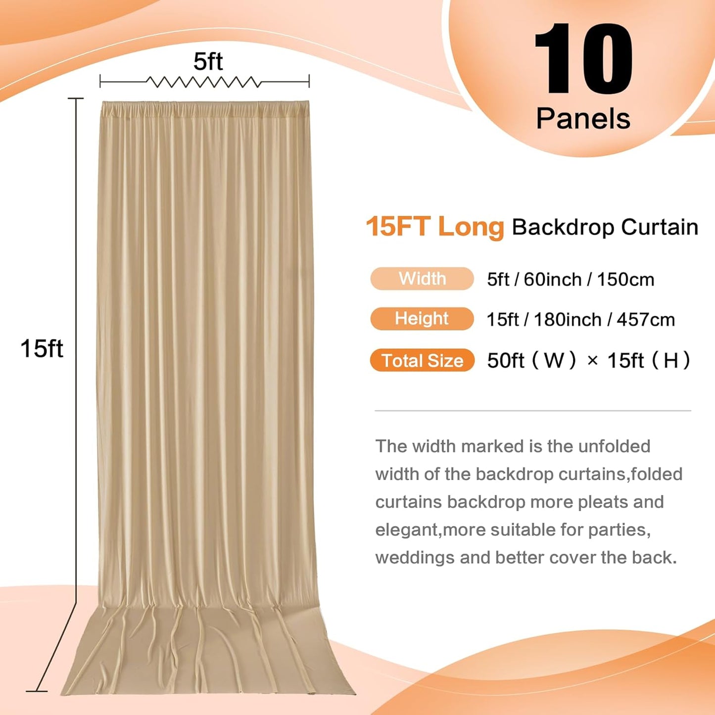 50ft x 15ft Beige Wrinkle Free Backdrop Curtains for Parties,Silky Polyester Fabric Wedding Ceiling Drapes, 10 Panels 15ft Photo Back Drop Drapes for Baby Shower Photography Stage Background Cloth