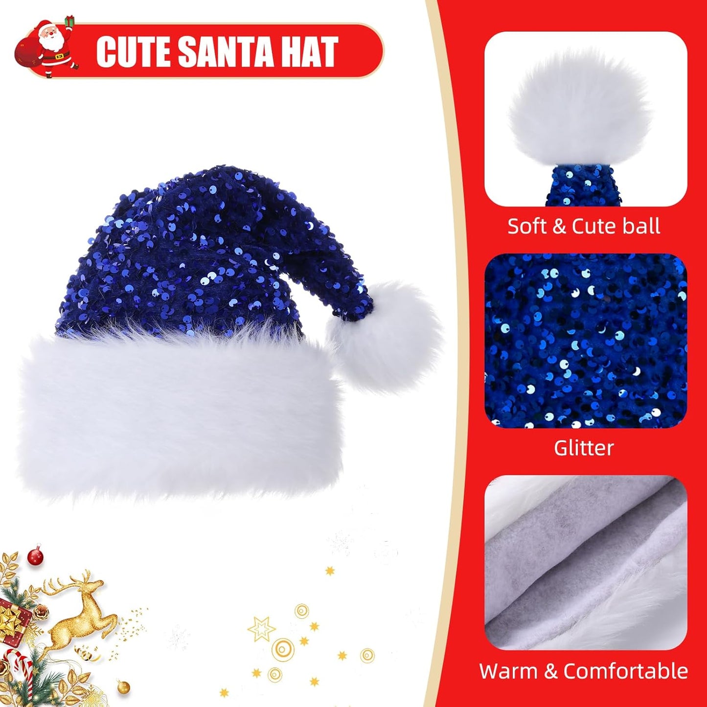 Personalized Sequin Santa Hat for Adults, Red Glitter Christmas Party Hat, Xmas Halloween New Year Holiday Headwear