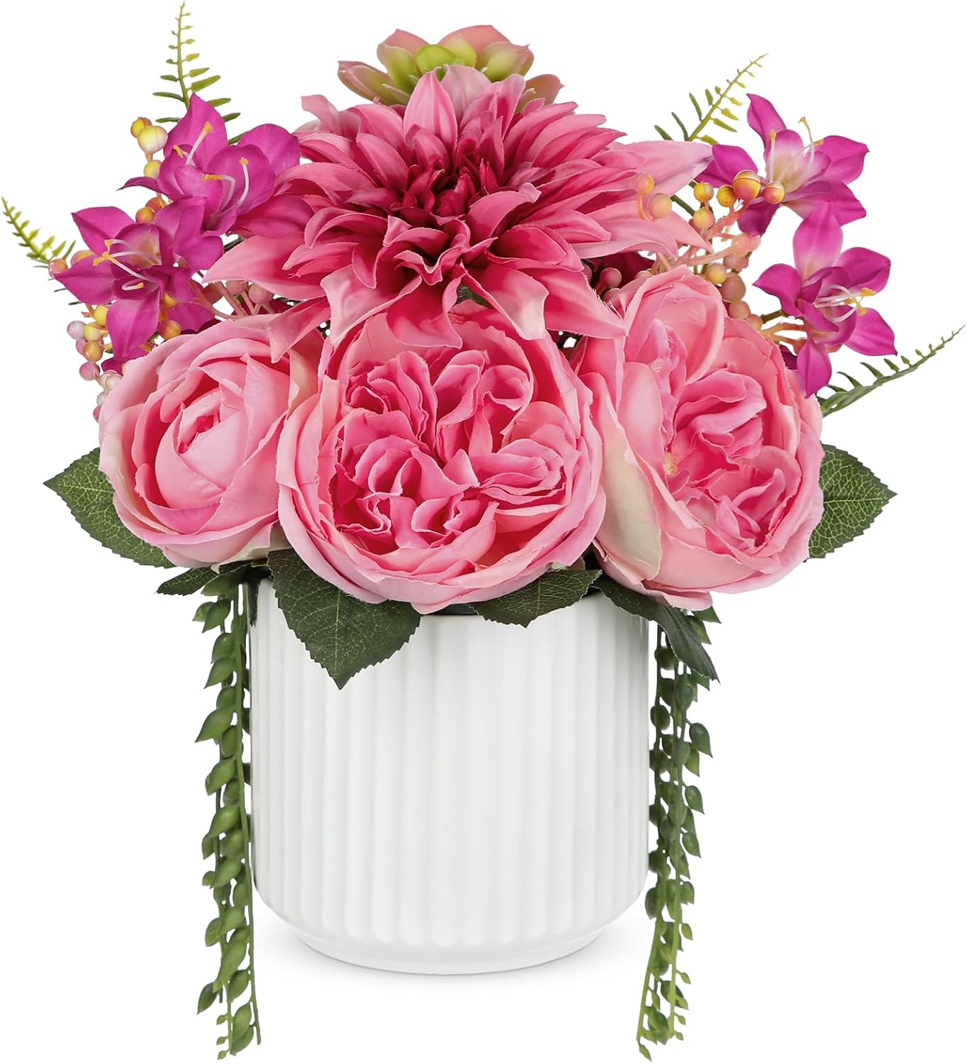 Briful 13" Faux Flower Arrangement in White Ceramic Vase – Pink Artificial Peony & Dahlia Silk Flower Centerpiece with Succulent Fake Potted Flowers for Home Office Tabletop Wedding Decor