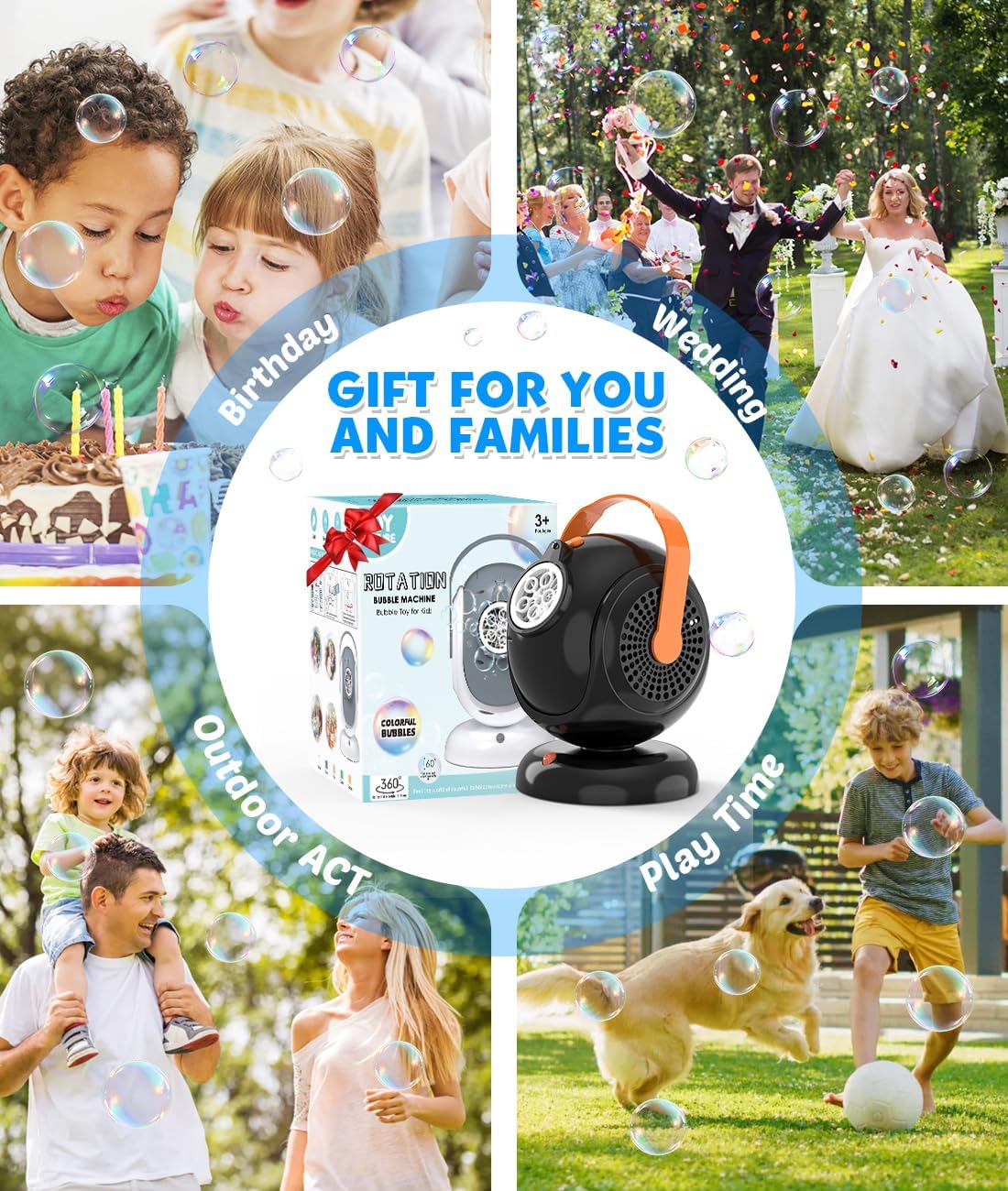 Joyfuture Automatic Bubble Machine, Black Bubbles Blower for Kids, Toddlers - 360° Rotation, 75° Adjustment, with LED Light - Gifts for Boys, Girls, Outdoor, Birthday, Party