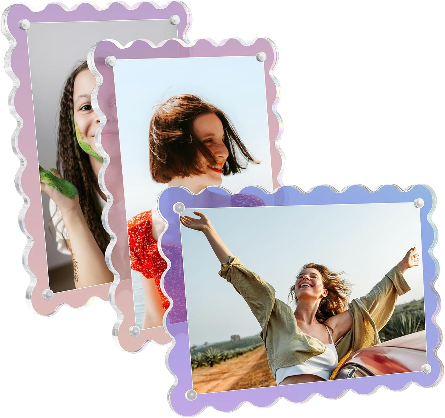 Acrylic Picture Frames 3 Pack 4x6 inch Scalloped Iridescent with Detachable Stand, Vertical and Horizontal Tabletop Display, Magnetic Photo Frames for Café/Home/Weeding/Party