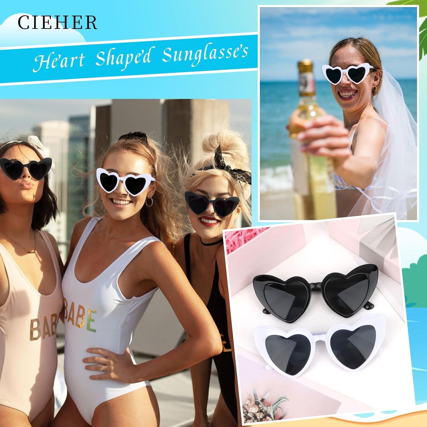 CIEHER Bachelorette Party Favors - White Black Heart Sunglasses for Bride Bridesmaid