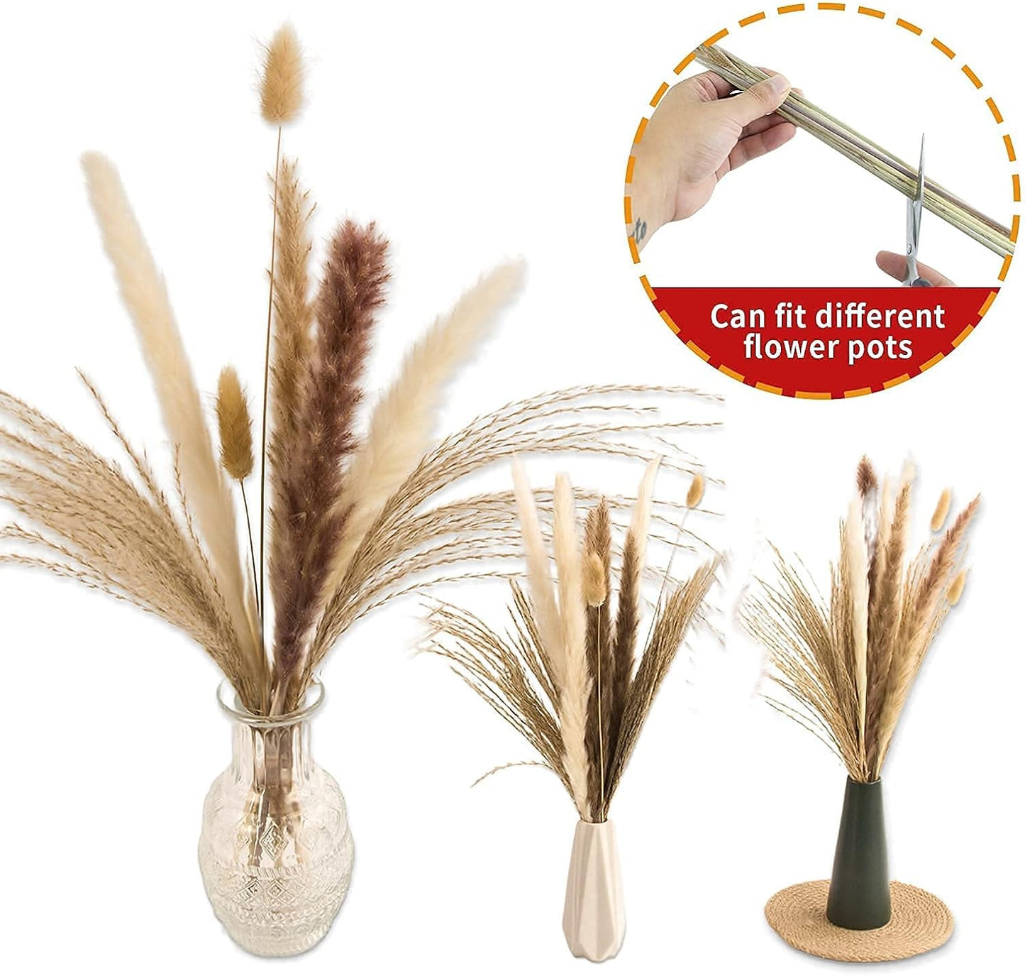 65PCS Pampas Grass Decor, Including pompas Floral, Reed Dried Grass and Bunny Tails Dried Flowers, Natural Dried Pampas Grass Bouquet for Boho Decor Wedding, Home Decoration