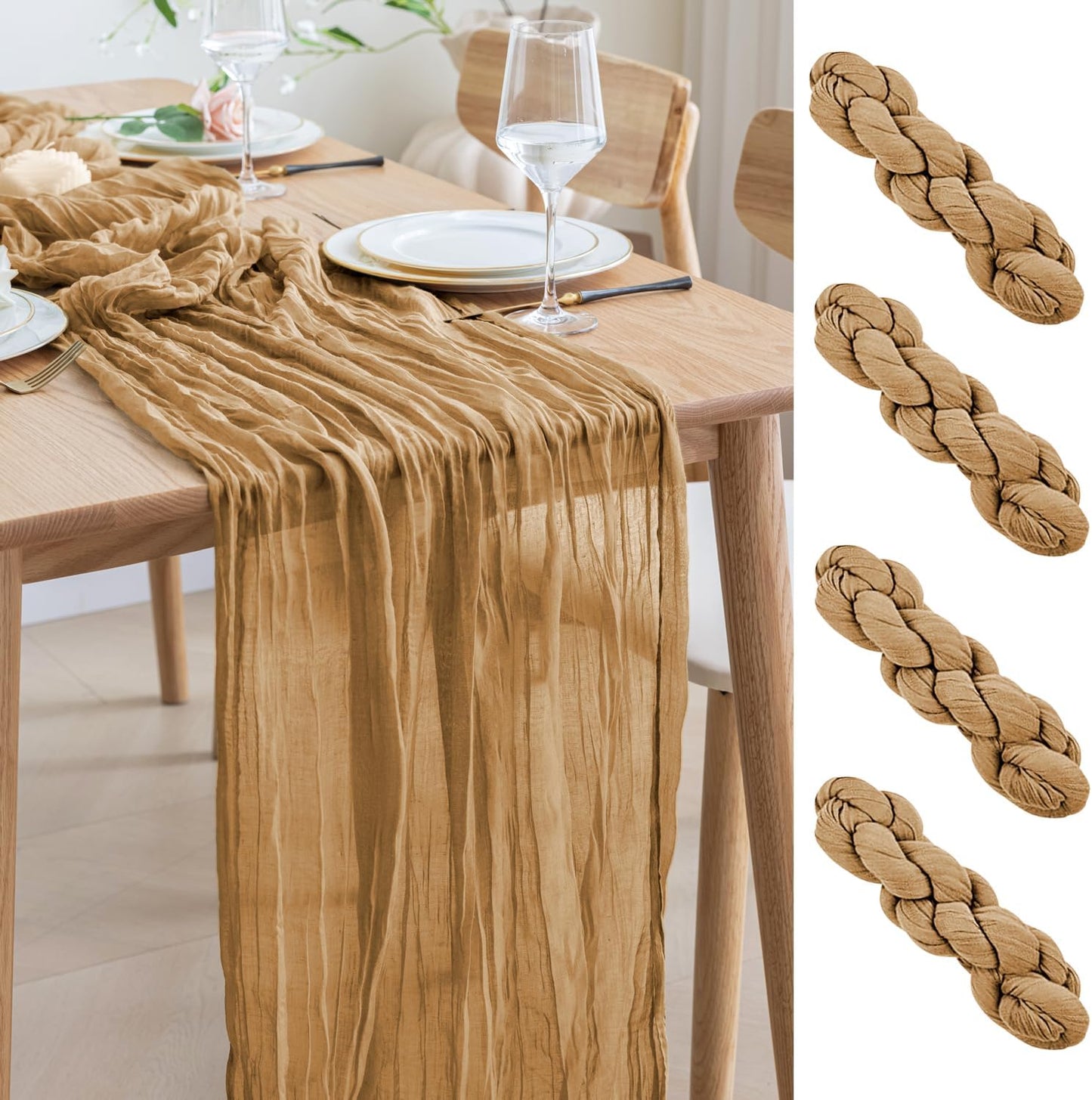 Asee'm 4pcs Cheesecloth Table Runner 120 Inches Long Khaki Boho Gauze Cheese Cloth Runner 10FT Rustic Sheer Table Runners for Christmas Wedding Party Baby Shower Spring Easter Decoration