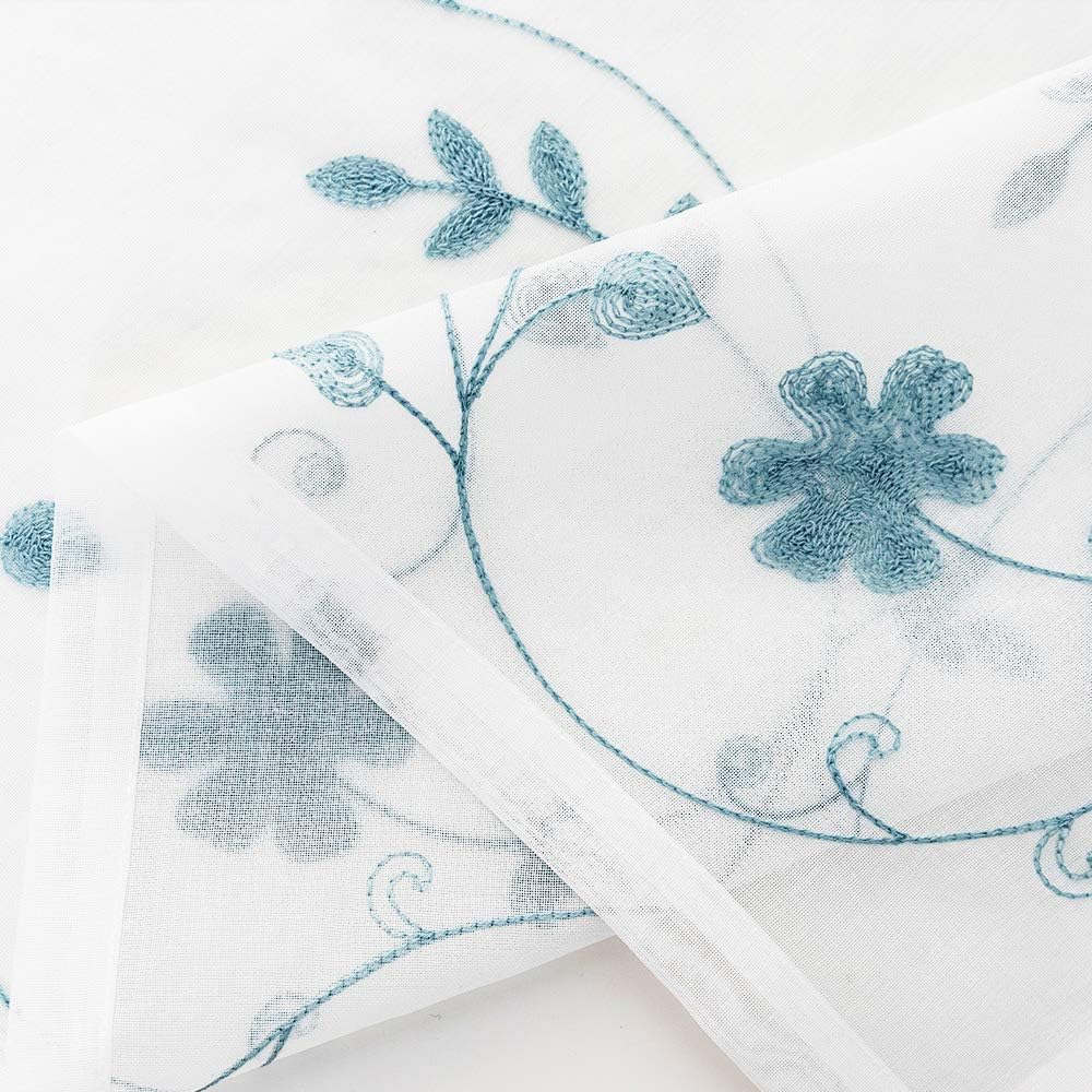 Floral Embroidery Sheer Curtains Blue 95 Inches Long, Window Treatments Rod Pocket Drapes for Living room, Bedroom, Semi Crinkle Voile Curtain Panels for Yard, Patio, Villa, Parlor, Set of 2, 52"x95".