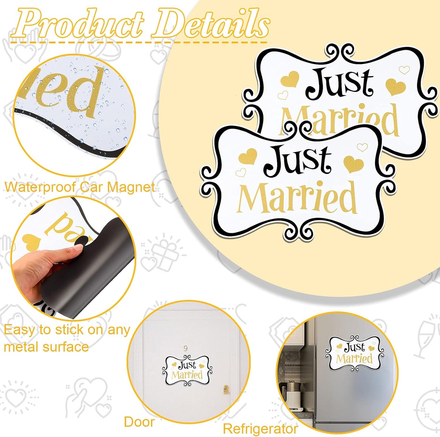 2 Pcs Large Just Married Car Decorations Just Married Car Magnets Sign Decoration 13.9 x 8.8 Inch Honeymoon Rear Tailgate Magnet Stickers for Wedding Door Panel Refrigerator(Black and Gold)