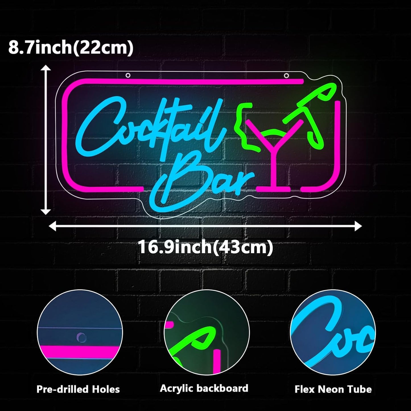 Cocktail Bar Neon Sign, Cocktail Vintage LED Neon Light Signs for Wall Decor Dimmable Led Light Up Sign for Home Beer Bar Pub Night Club Party Man Cave Decoration Gift USB Powered(16.9"*8.7")