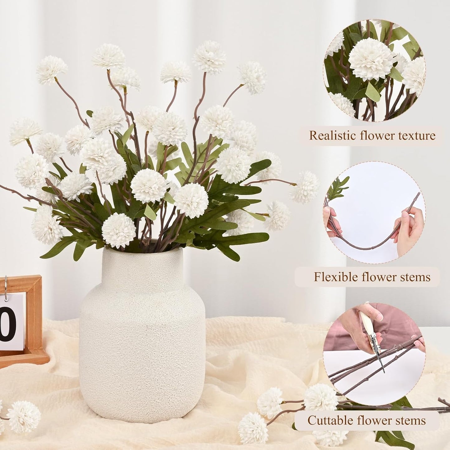 Waipfaru 10pcs Fake Silk Pompon Mum Artificial Flowers, Bulk Faux Mini Chrysanthemums with 2pcs Eucalyptus Stems, for Centerpieces Wedding Fillers Champagne Arrangements Shower Decorations, White