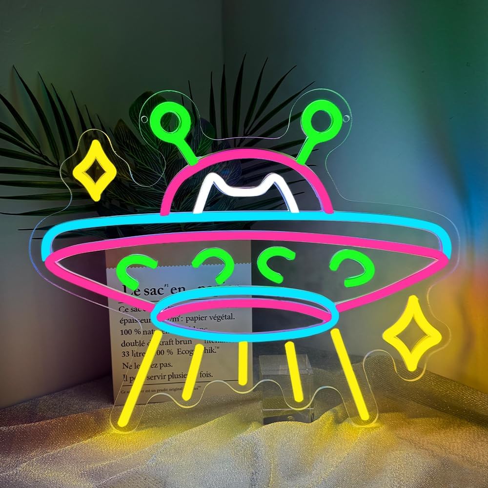 UFO Neon Sign,Cat Dimmable LED Light Signs for Wall Art Decor,Space Backdrop for Game Room Bedroom Club Party Man Cave,Gift for Boys Teen Men USB Powered（15"*12.1"）