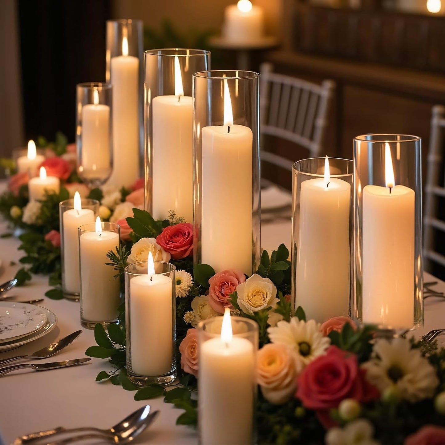 12 PCS White Pillar Candles with Glass Candle Holders Clear Hurricane Candle Holders Glass Cylinder Vases for Centerpieces Wedding Party, Event, Home Office (6 Candles+6 Candle Hoders)