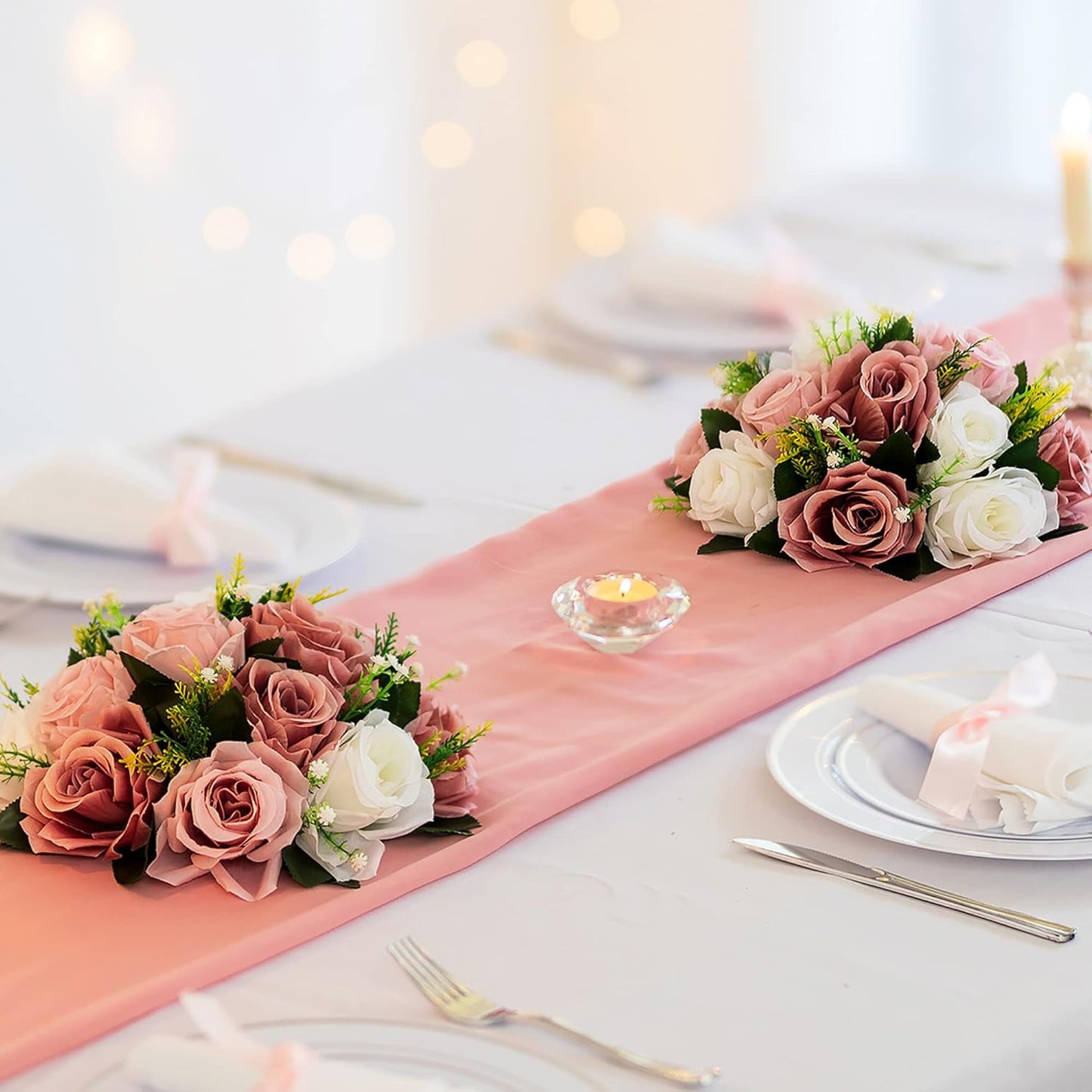 BLOSMON Dusty Rose Flowers Decoration: 2 Pcs Pink Artificial Flowers Balls for Wedding Dinning Table Centerpieces - Fake Silk Kissing Floral Arrangement for Home Party Event