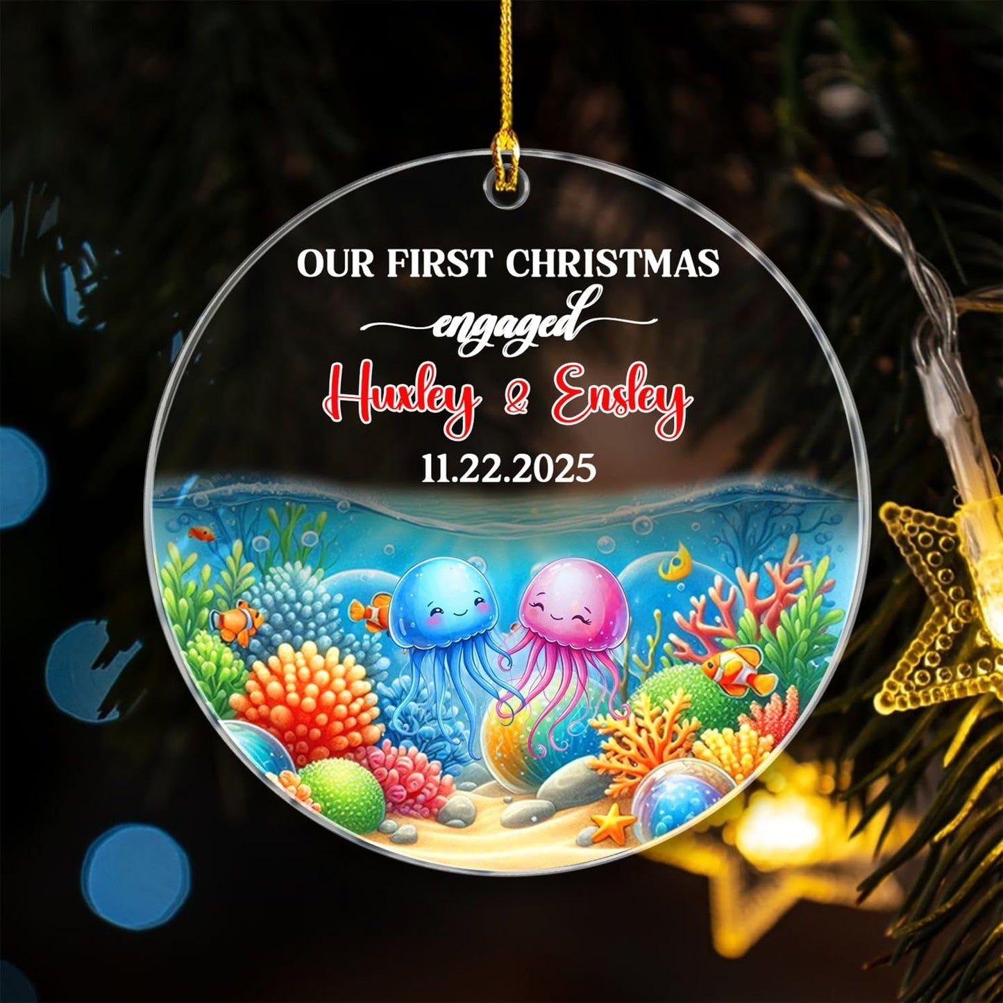 Personalized Our First Christmas Engaged Ornament Gift, Customized Date/Names Jellyfish Mr & Mrs Engaged Xmas Ornaments, Couple Jellyfish Together Christmas Ornament Gift for Engagement Anniversary