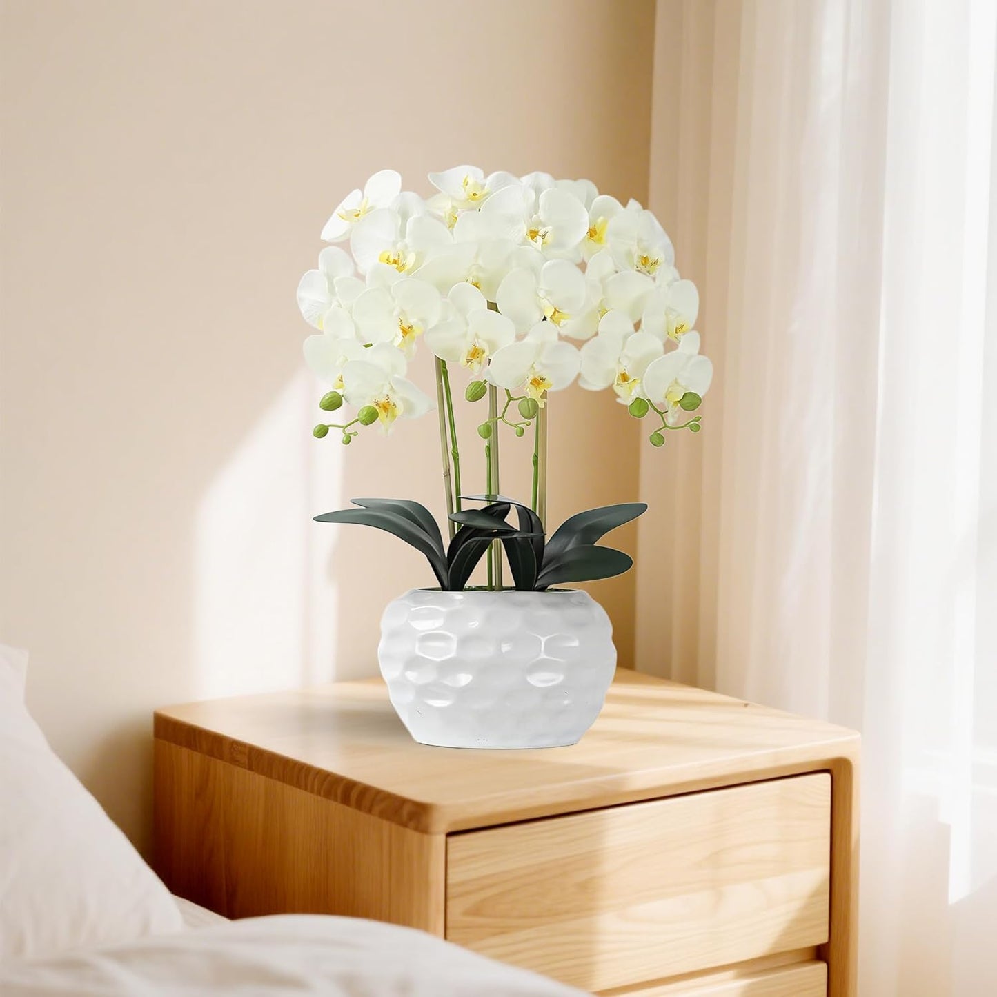 Orchid Artificial Flowers with White Vase Large Silk Faux Phalaenopsis Flowers for Dining Room Table Floral Centerpieces Indoor Decoration,White