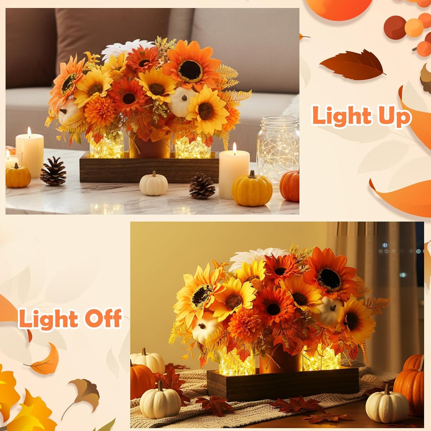 3 Pcs Fall Thanksgiving Tables Centerpieces Mason Jar Table Decor Set, Farmhouse Autumn Pumpkin Maple Leaf Branches Potted Plant with Wood Tray & LED Light, Harvest Dining Table Centerpieces