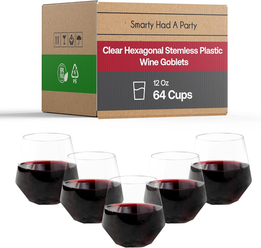 Smarty Had A Party 12 oz Wine Goblets Pack of 64 Clear Stemless Plastic Goblets, Unbreakable and Disposable for Parties and Events