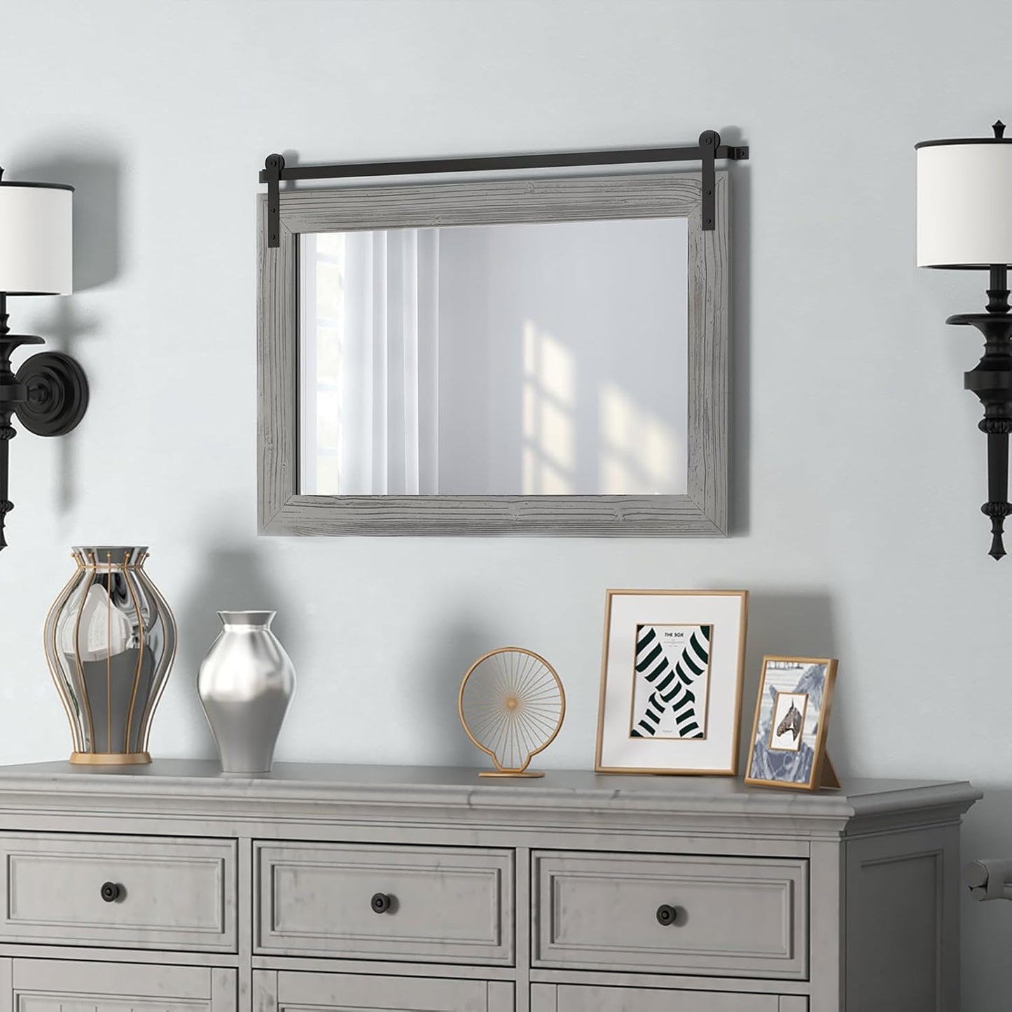 COGOOD Farmhouse Barn Door Mirror - 29" x 22" Rustic Wood Framed Wall Mirror for Bathroom, Living Room, Entryway Wall Decor (Grey)