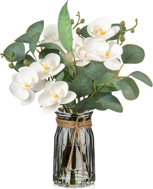White Orchids Artificial Flowers with Vase Fake Flower in Vase Artificial Eucalyptus Stems in Glass Vases with Faux Water Faux Orchid with Eucalyptus Leaves Arrangement for Dining Table Centerpiece