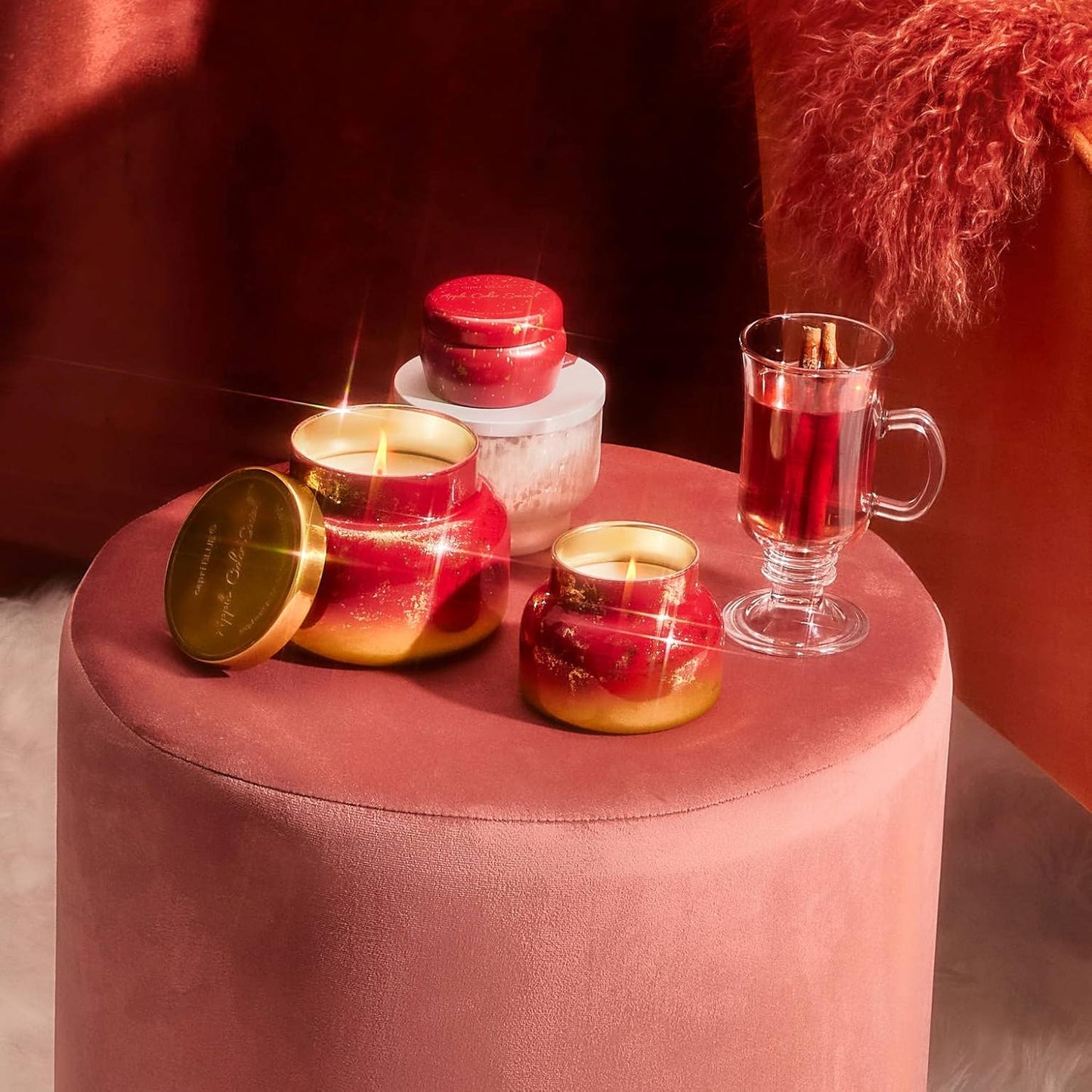 Capri Blue Glimmer Petite Signature Jar Candle - Apple Cider Social Scented Candle with Ombre Glass Candle Holder - Luxury Aromatherapy Candle - Red and Gold (8 oz)