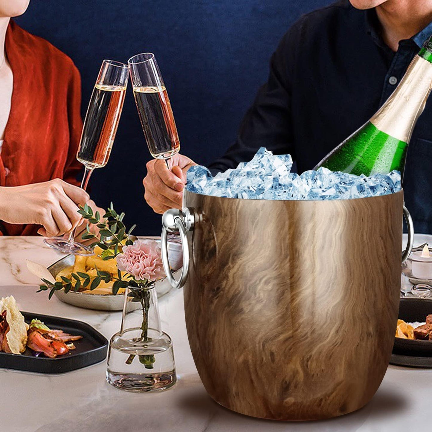 Ice Bucket with Lid, Scoop, Tongs and Strainer - Well Made Insulated Stainless Steel Keep Ice Frozen Longer - Ideal for Cocktail Bar, Parties, Chilling Wine, Champagne - 3 Liter (Teakwood)