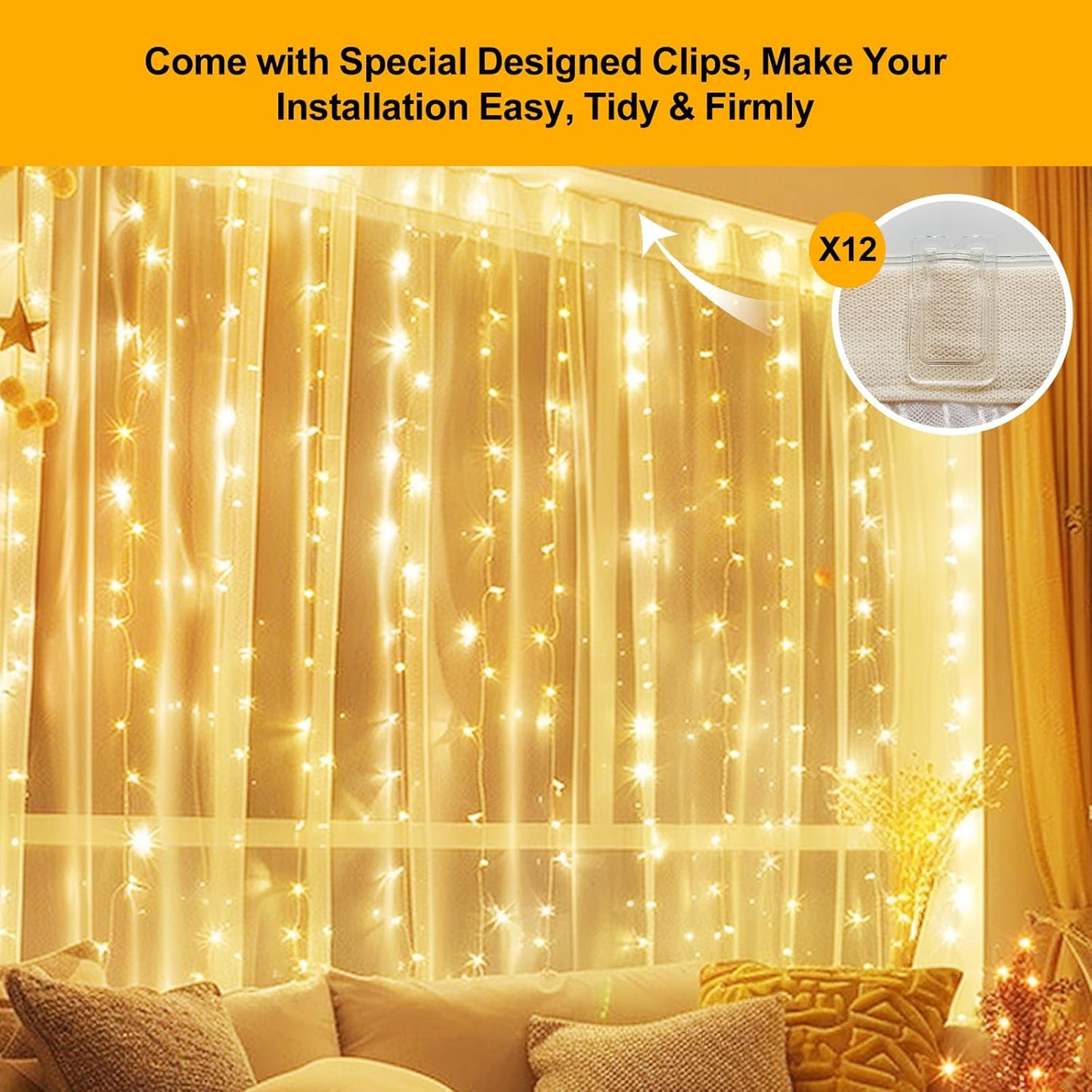 Fairy Curtain Lights Upgraded Tangle-Free Warm White USB Plug in 8 Modes String Hanging Lights with Remote for Christmas, Bedroom, Indoor, Outdoor, Weddings, Party (10 FT x 6.6 FT)