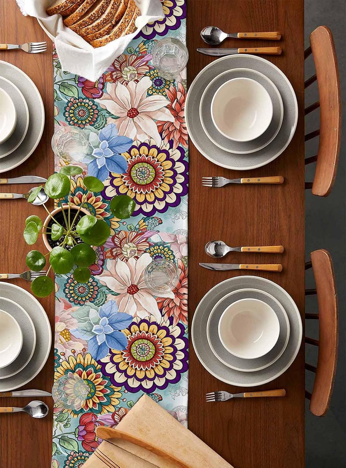 Boho Flowers Cotton Linen Table Runner for Dining Kitchen, Wedding Outdoor Party Tablerunners Decoration, Colorful Floral Farm Vintage Botanical Dresser Scarf Coffee Tablecloth Runners 13x108 Inches