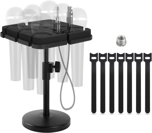 Multi Microphone Holder, Wired and Wireless Mic Holder for Stand, Hold Up to 7 Microphones, Aluminum, Black with stand