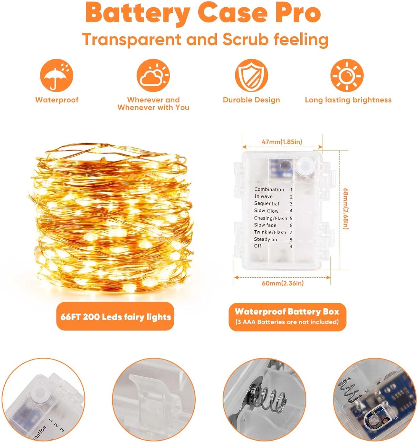 2 Pack 65.6 Ft. Battery Operated Outdoor String Lights with Remote & Timer, LED Warm White Fairy Lights, Waterproof Twinkle Lights for Bedroom, Dorm, Mason Jar, Wedding, Party, Christmas