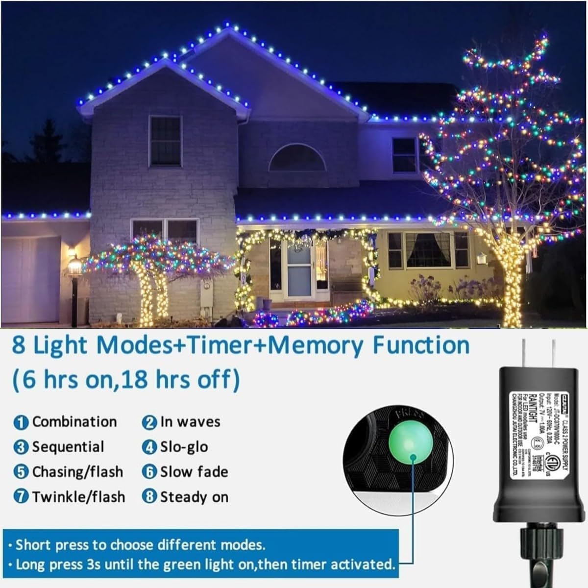 YEGUO 66ft 200 LED Christmas Lights Outdoor Waterproof, White and Blue String Light Indoor, Green Wire Twinkle Tree Light Plug in with Timer Memory 8 Modes