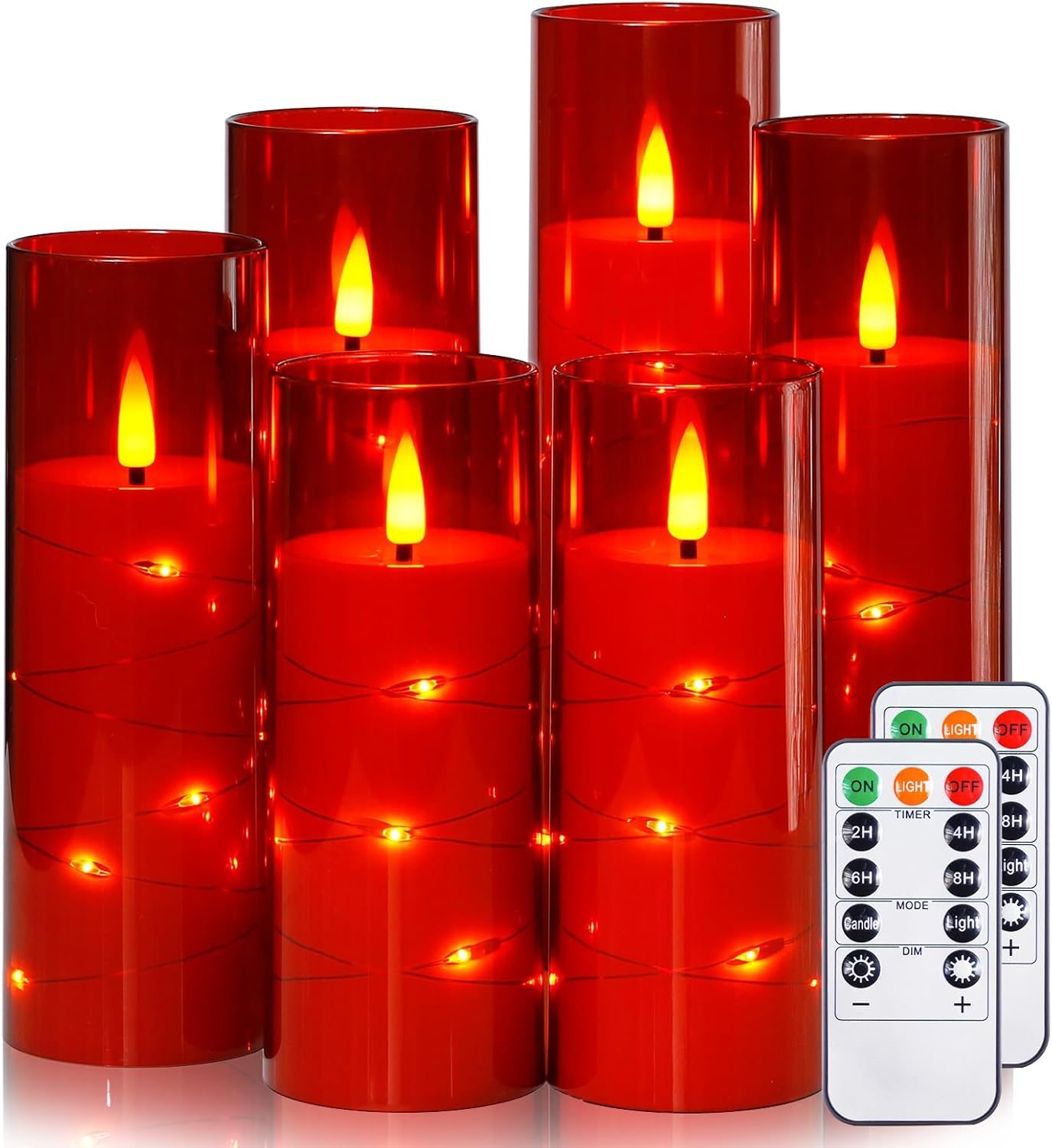 Red Flameless Candles with Remote and String Light, 2.2"x 5",5",6",7",7",8" LED Battery Operated Plastic Flickering Timer Pillar Candles(Pack of 6,Turn On/Off String Light Mode)