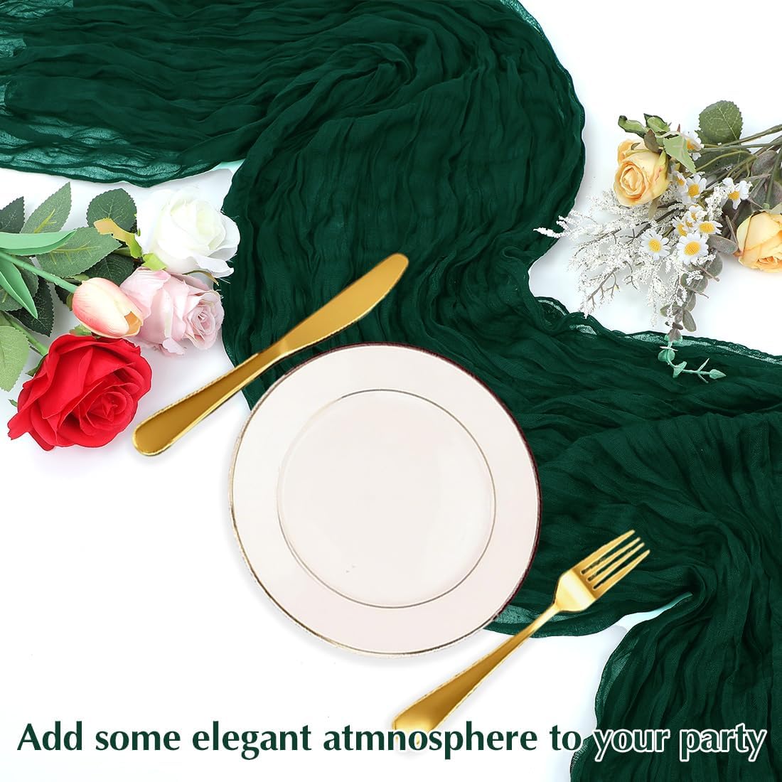 10 Pack Blackish Green Cheesecloth Table Runner -21*120Inch Long Boho Wedding Table Decor, Rustic Gauze Fabric Runner for Bridal Showers, Baby Showers & Parties (Sheer, Lightweight, Wrinkled Design)