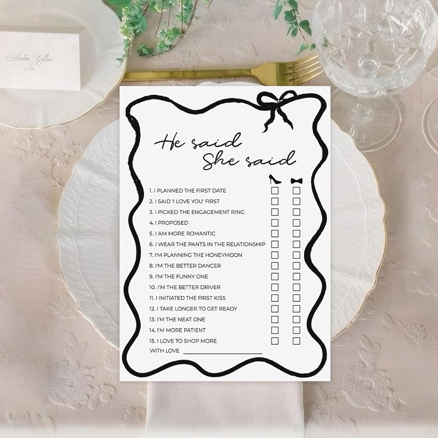 DEEKA 30 PCS Bridal Shower Games Card for 30 Guests Black Wavy Border Ribbon Bow Funny Wedding Bachelorette Party Games for Reception (He Said She Said)