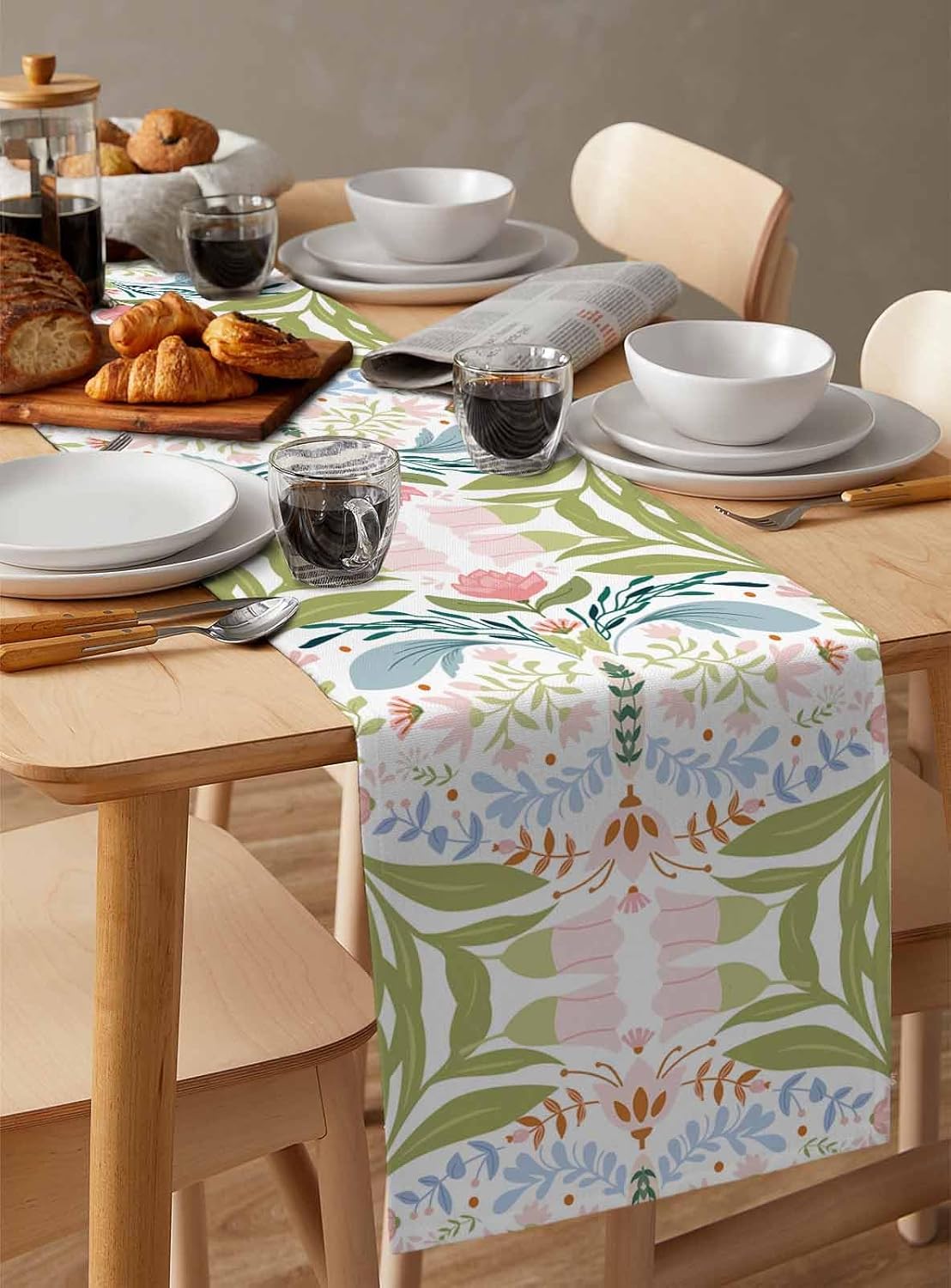 Green Blue Pink Boho Floral Cotton Linen Table Runner for Dining Kitchen, Wedding Outdoor Party Tablerunners Decoration, Retro Bohemian Botanical Dresser Scarf Coffee Tablecloth Runners 13x90 Inches