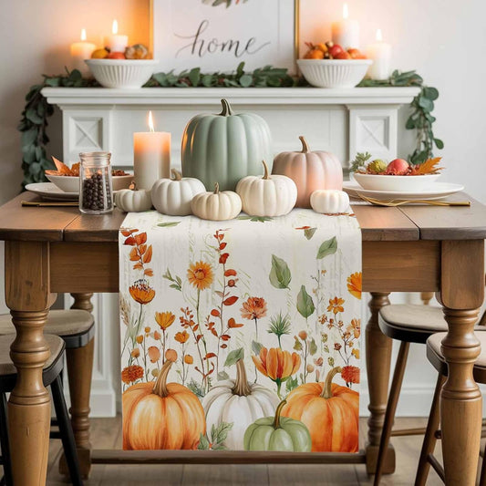 Fall Wildflowers Cotton Linen Table Runner for Dining Kitchen, Thanksgiving Pumpkin Outdoor Party Rustic Tablerunners Decoration,Botanical Floral Vintage Dresser Scarf Tablecloth Runners 13x120 Inches