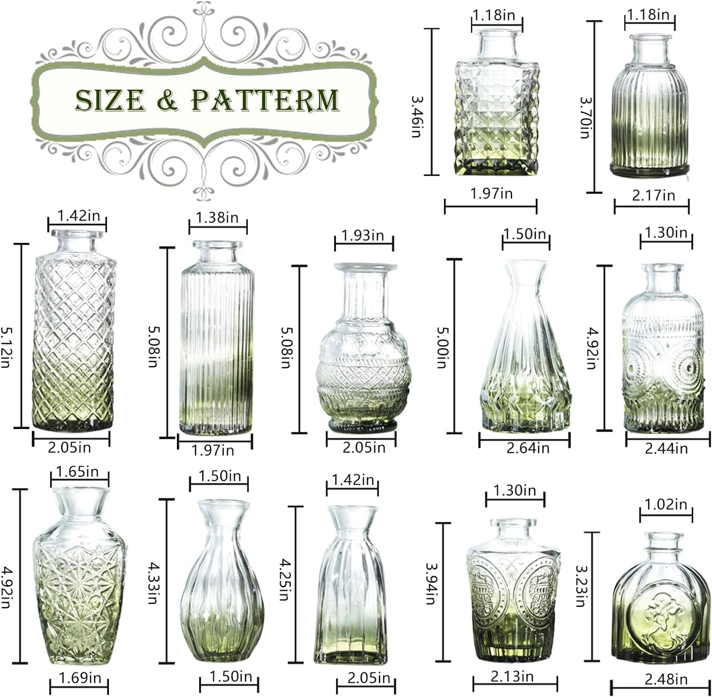 Bud Vases Set of 12,Glass Bud Vases in Bulk,Small Flower Vases for Centerpieces,Mini Vintage Vase for Wedding, Home Table Decor,Christmas,Party Decoration,Green