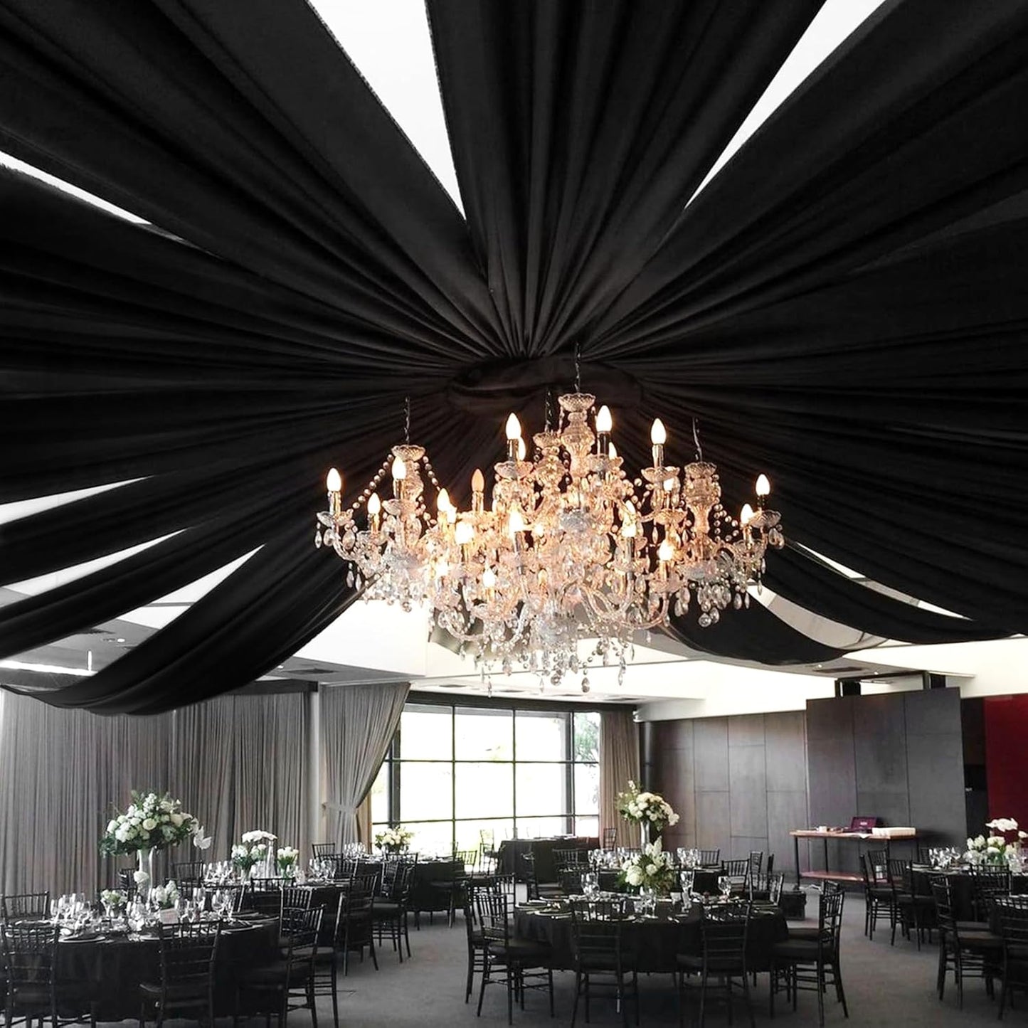 6 Panels Black Wedding Ceiling Drapes 5ftx30ft Ceiling Drapes Chiffon Fabric Arch Draping Sheer Curtains Soft Drapery Draping Wedding Ceiling Decorations for Party Ceremony Stage Swag