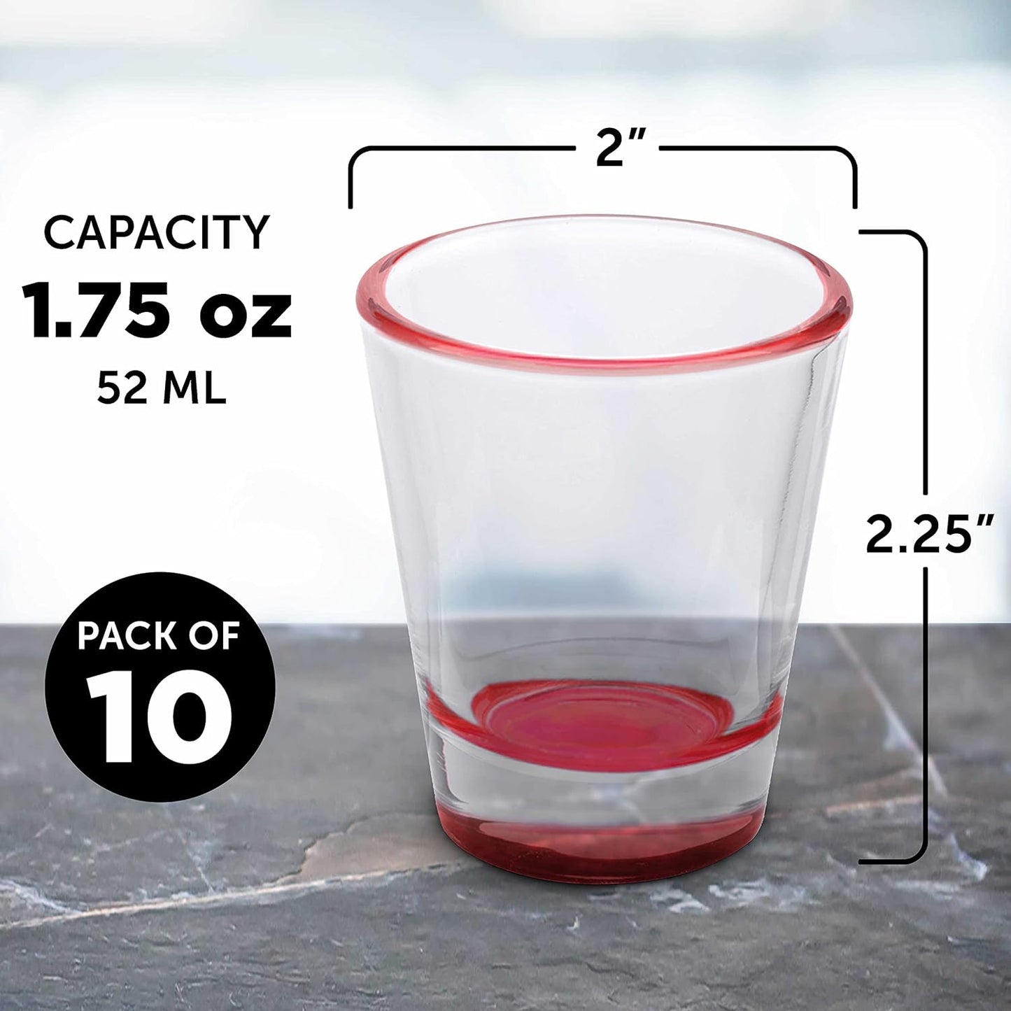 DISCOUNT PROMOS Shot Glasses Set 1.75 oz. Set of 10 Bulk Pack, Wedding Favor, Birthday Party, Tequila Shot Glasses, Vodka Shot Glass - Red Bottom Color