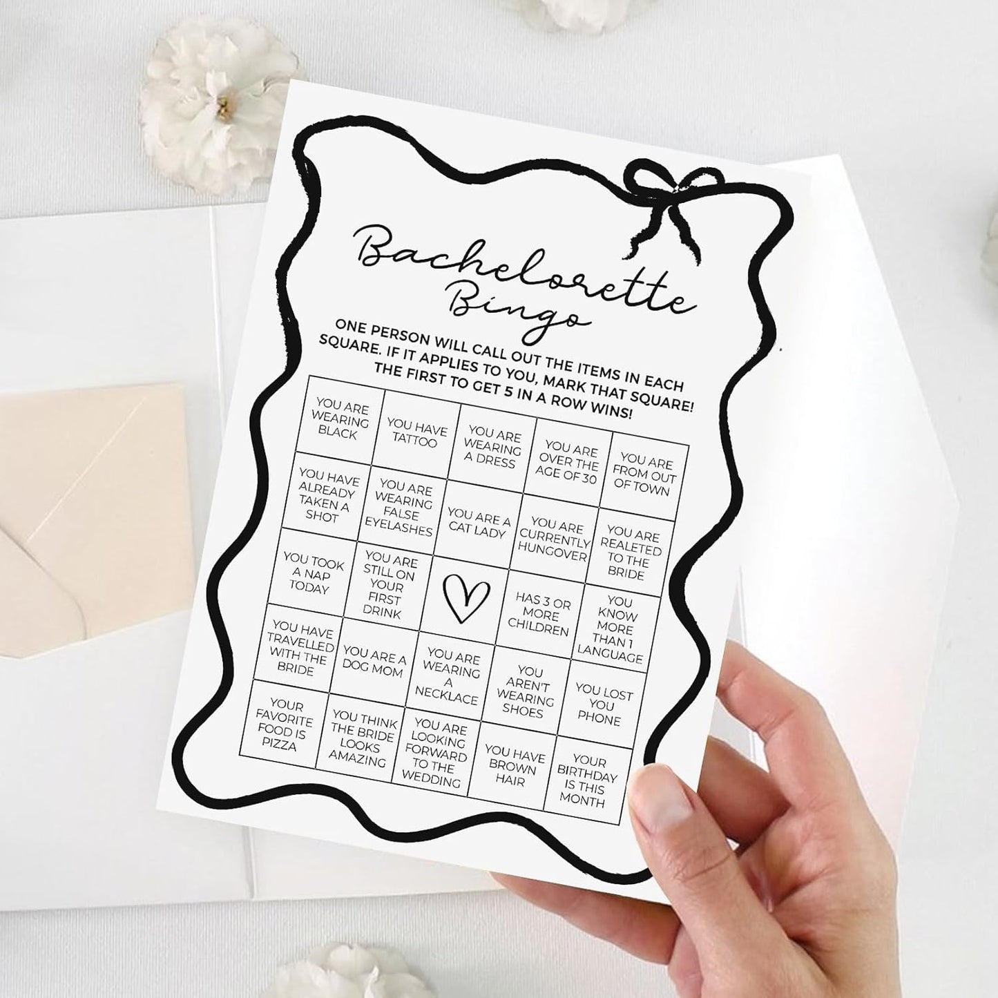DEEKA 30 PCS Bridal Shower Games Card for 30 Guests Black Wavy Border Ribbon Bow Funny Wedding Bachelorette Party Games for Reception (Bachelorette Bingo)