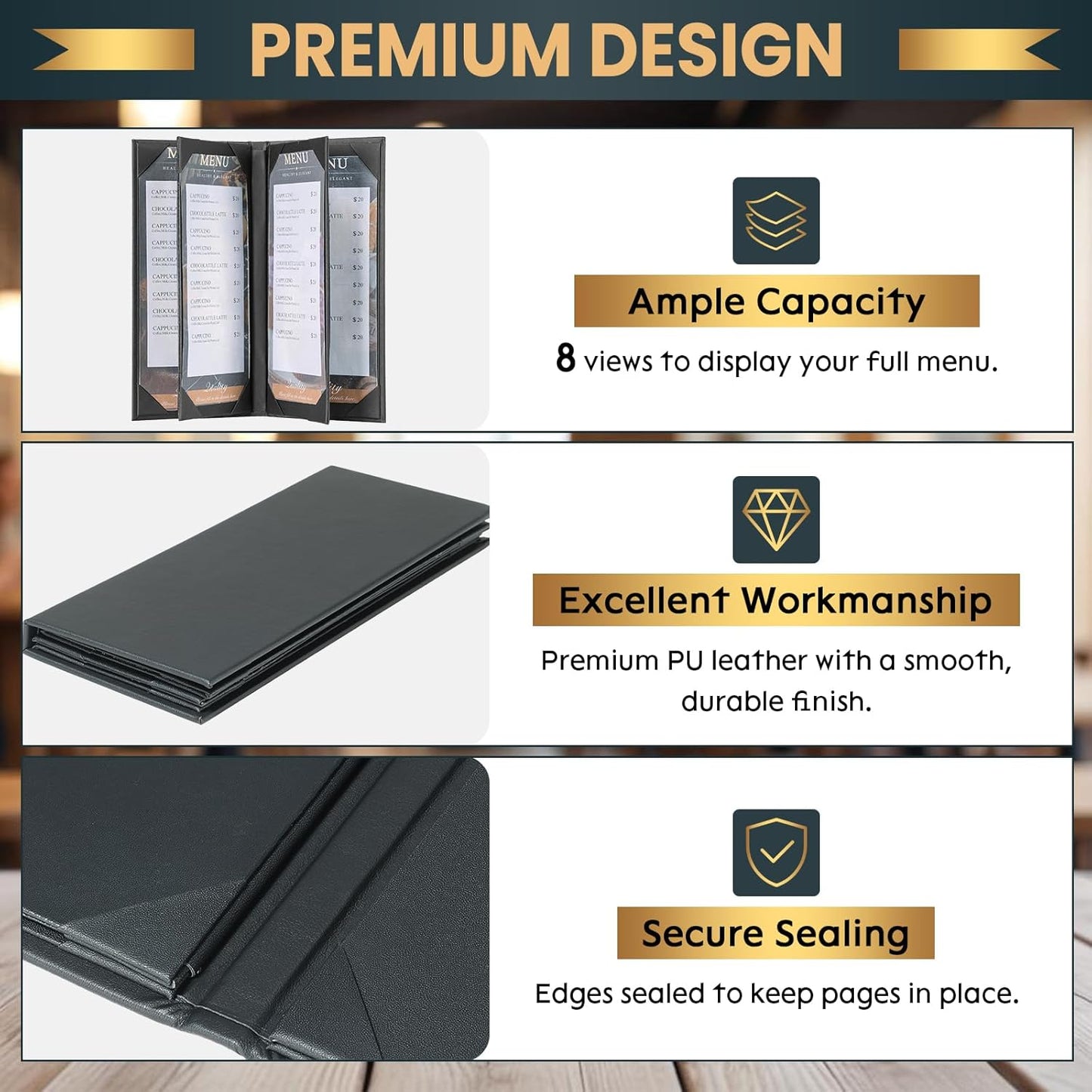 2 Pack 6 View Menu Holder Menu Covers 4.25" x 11" | Black Leather Menu Sleeves Book Style for Restaurant Coffee Bars Wine List